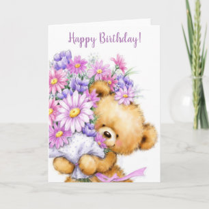 Happy Birthday, cute bear with beautiful flowers Card