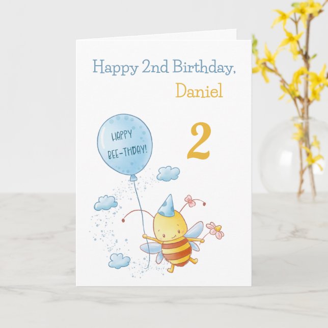 Happy Birthday Cute Bee with Balloon Blue Greeting Card (Yellow Flower)