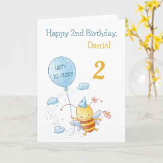 Happy Birthday Cute Bee with Balloon Blue Greeting Card