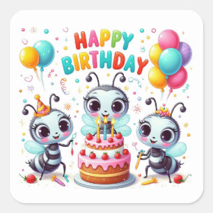 Happy Birthday Cute Bees Celebrating Square Sticker