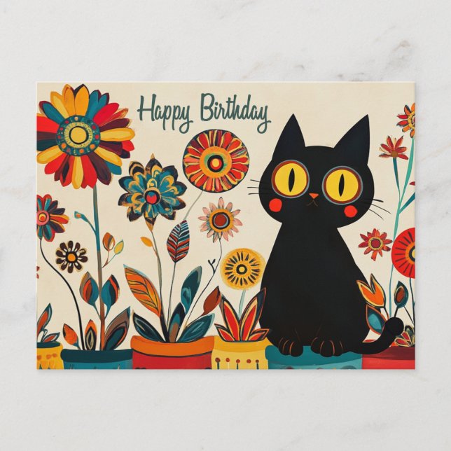 Happy Birthday Cute Black Cat with Flowers  Postcard (Front)