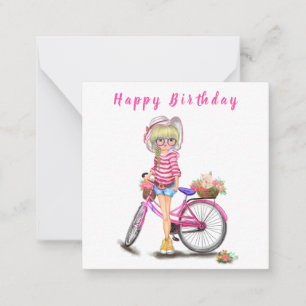 Happy Birthday - Cute Blonde Girl with Pink Bike Card