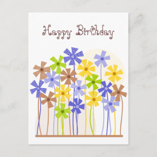 Happy Birthday Cute blue yellow brown flowers Postcard