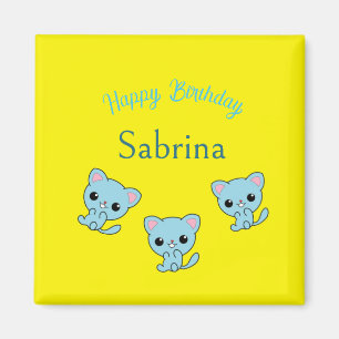 Happy birthday cute bouncy blue kittens yellow magnet