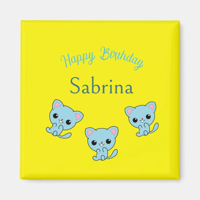 Happy birthday cute bouncy blue kittens yellow magnet (Front)