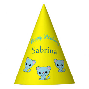 Happy birthday cute bouncy blue kittens yellow party hat