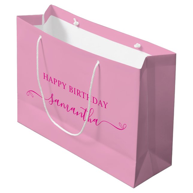 Happy Birthday Cute Bow Signature Name Pink Large Gift Bag (Front Angled)