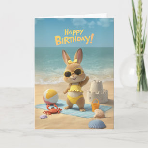Happy Birthday Cute Bunny Beach Summer Birthday Card