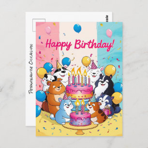 Happy Birthday Cute Cartoon Animals Birthday Cake  Postcard