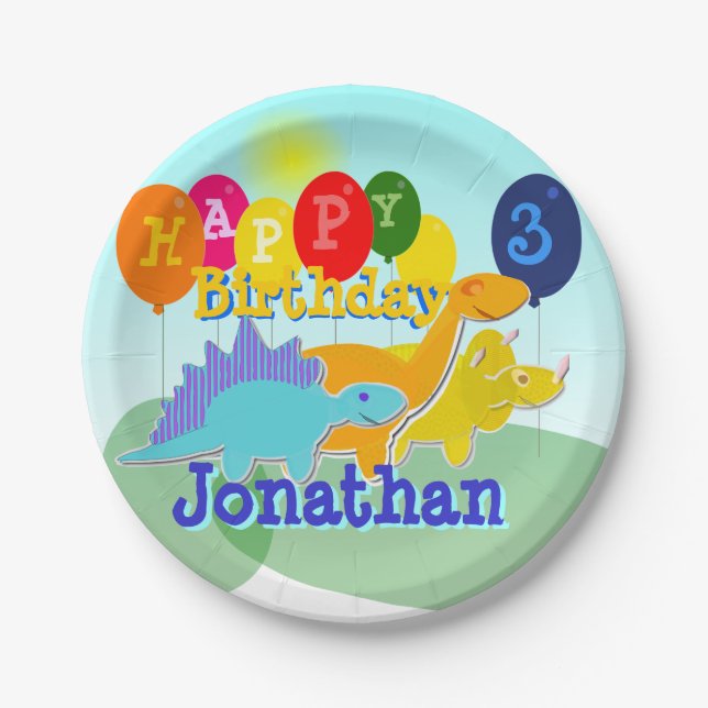 Happy Birthday Cute Cartoon Dinosaurs Balloons Paper Plate (Front)