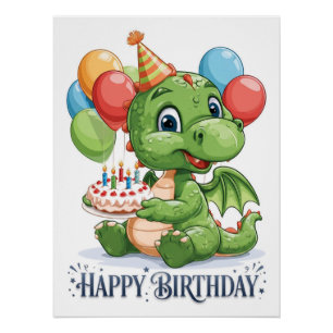 "Happy Birthday" Cute Cartoon Green Dragon  Poster