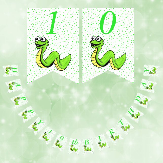 Happy Birthday Cute Cartoon Green Snake Polka Dots Bunting (Kids Happy Birthday party banner cute smiling green snake green polka dots on white.)