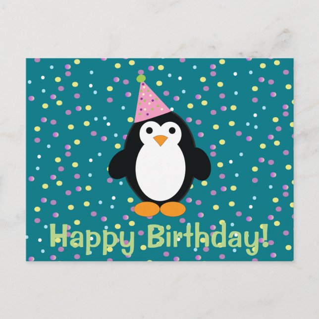 Happy Birthday Cute Cartoon Party Penguin Postcard (Front)