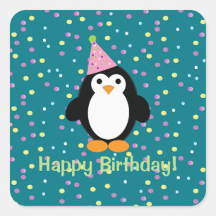 Happy Birthday Cute Cartoon Party Penguin Square Sticker