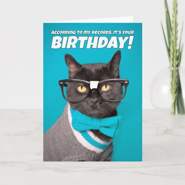 Happy Birthday Cute Cat in Nerdy Glasses Holiday Card (Front)