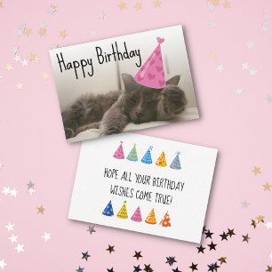 happy birthday cute cat with pink hat photo card