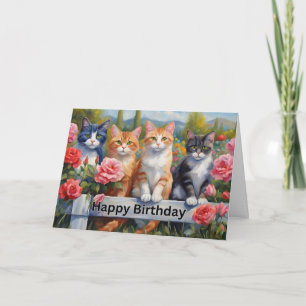 Happy Birthday Cute Cats at Flower Garden Fence Card