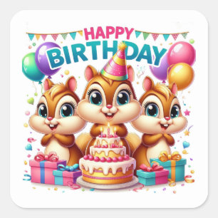 Happy Birthday Cute Chipmunks Celebrating Square Sticker