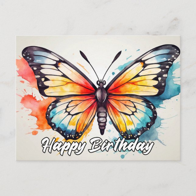 Happy Birthday Cute Colourful Butterfly Art Postcard (Front)