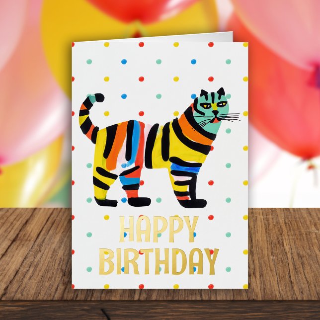 Happy Birthday Cute Colourful Tiger Cat Blank Foil Greeting Card (Creator Uploaded)