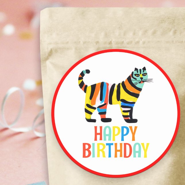 Happy Birthday Cute Colourful Tiger Cat Classic Round Sticker (Creator Uploaded)