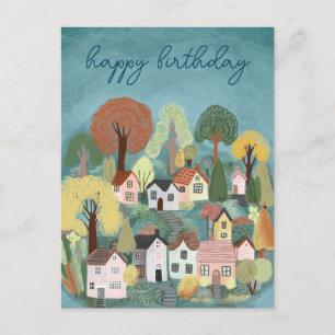 HAPPY BIRTHDAY Cute Country Village Illustration Postcard