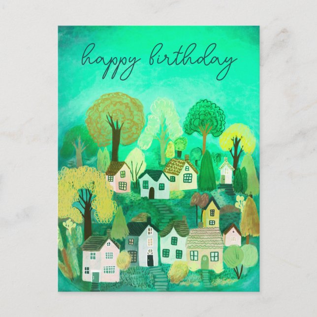 HAPPY BIRTHDAY Cute Country Village Illustration Postcard (Front)
