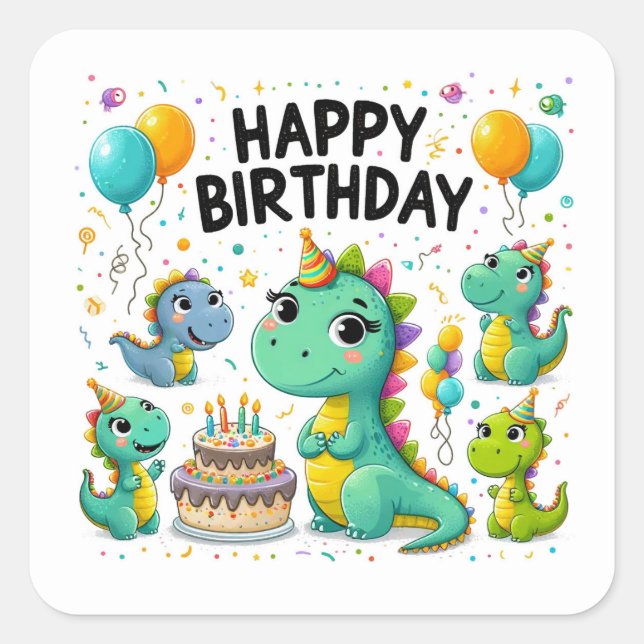 Happy Birthday Cute Dinosaurs Celebrating  Square Sticker (Front)