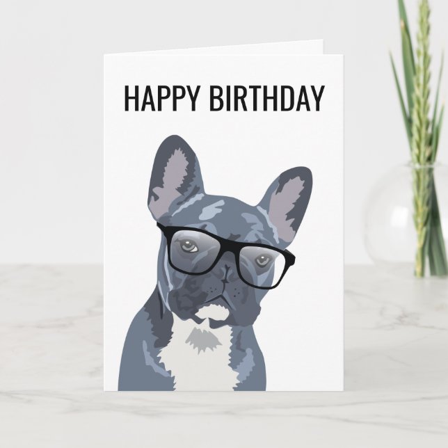 Happy Birthday Cute Dog | Blue/Grey French Bulldog Card (Front)