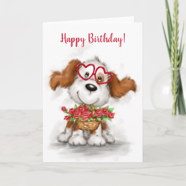 Happy Birthday, Cute dog Holding Flower Basket Card (Front)