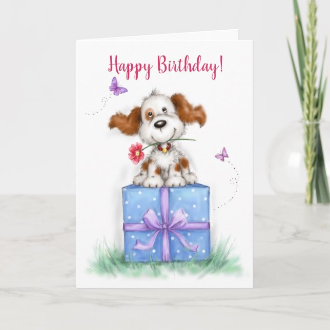 Happy Birthday, Cute Dog on gift package Card (Front)