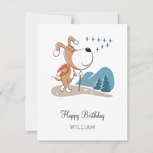 Happy Birthday Cute Dog Puppy Hiking Woodland Card (Front)