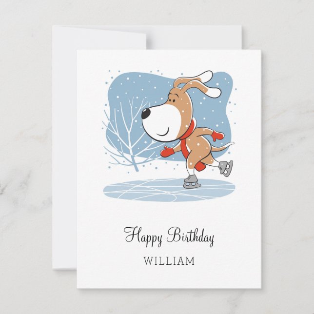 Happy Birthday Cute Dog Puppy Ice Skating Fun Card (Front)