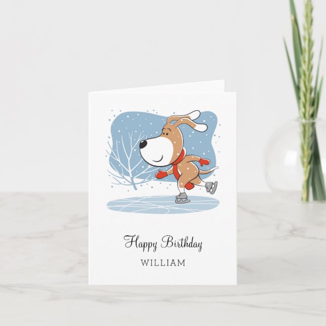 Happy Birthday Cute Dog Puppy Ice Skating Funny Card (Front)