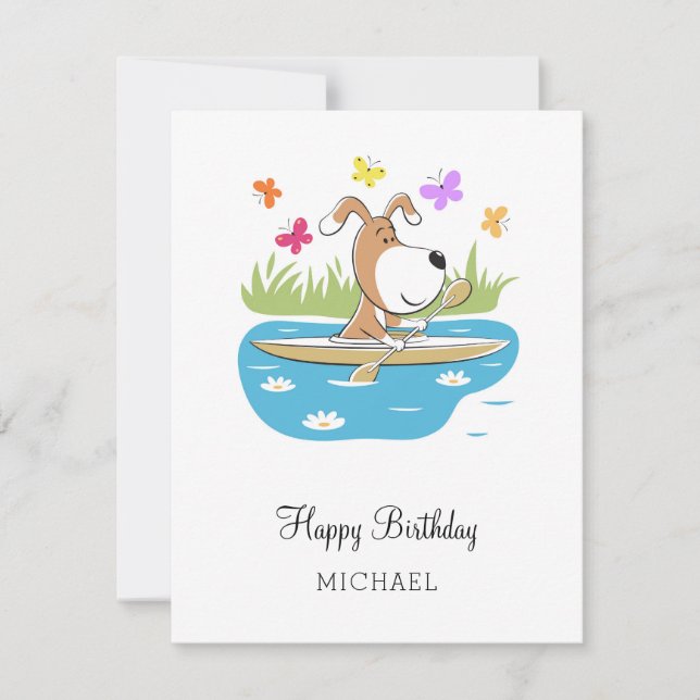 Happy Birthday Cute Dog Puppy Kayak Kayaking Card (Front)