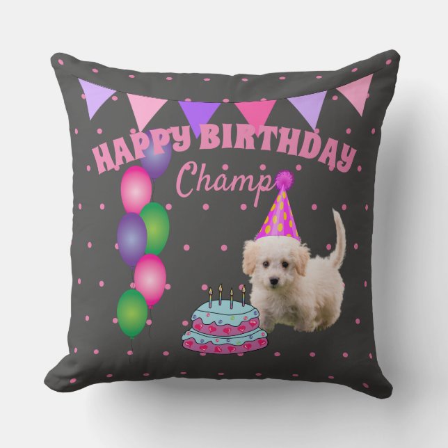 Happy Birthday  cute dog  with cake polka dots Cushion (Front)