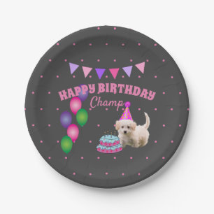 Happy Birthday  cute dog  with cake polka dots Paper Plate