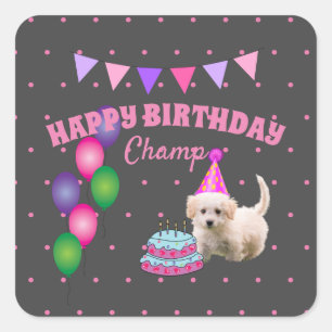 Happy Birthday  cute dog  with cake polka dots Square Sticker