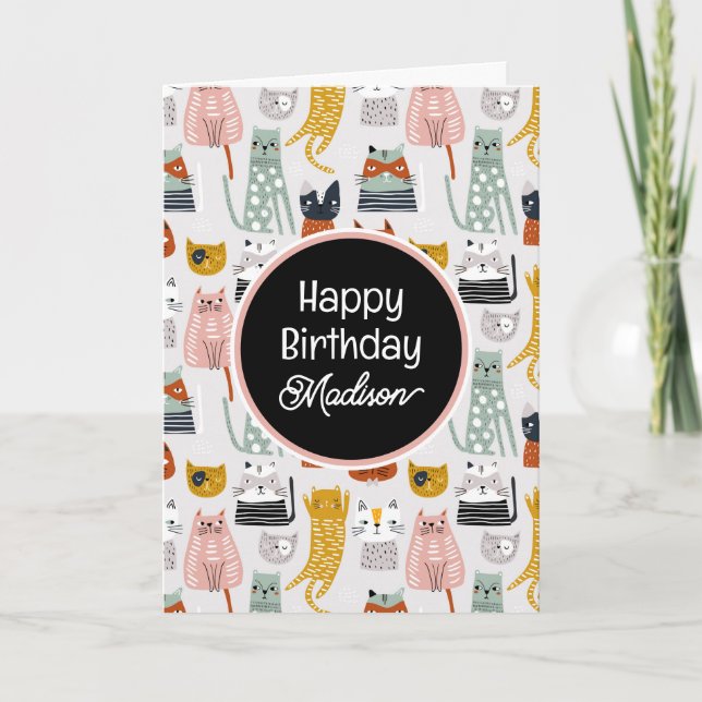 Happy Birthday | Cute Doodle Hand Drawn Cat Card (Front)
