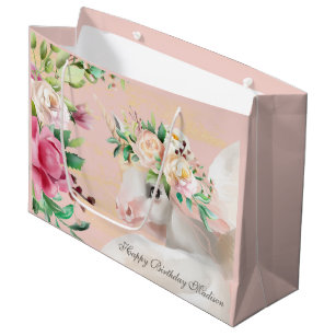 Happy Birthday Cute Floral Unicorn Personalised Large Gift Bag