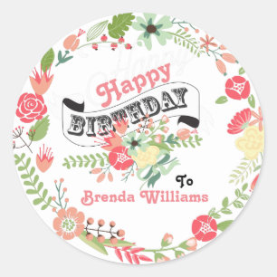 Happy Birthday Cute Floral Wreath Classic Round Sticker