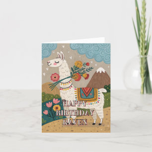 Happy birthday cute folk alpaca llama foldet card