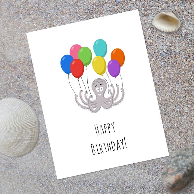 Happy Birthday Cute Funny Cartoon Octopus Balloons Postcard (Creator Uploaded)