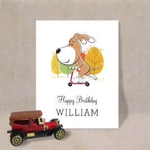 Happy Birthday Cute Funny Dog Puppy Kick Scooter Postcard