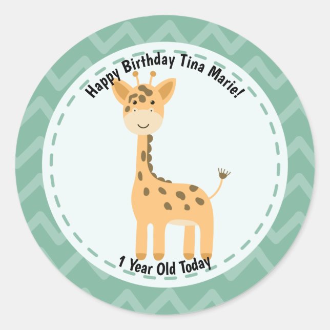 Happy Birthday Cute Giraffe Zoo Animals Classic Round Sticker (Front)
