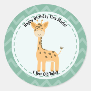 Happy Birthday Cute Giraffe Zoo Animals Classic Round Sticker