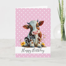 HAPPY BIRTHDAY CUTE GIRL BROWN COW