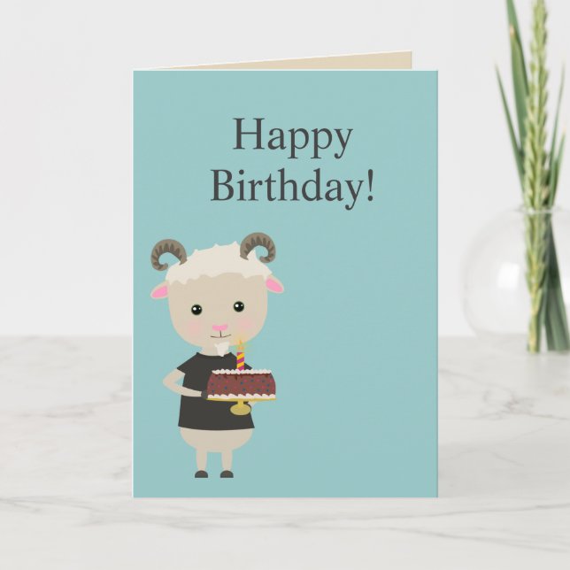 Happy Birthday - Cute Goat with a Cake Card (Front)