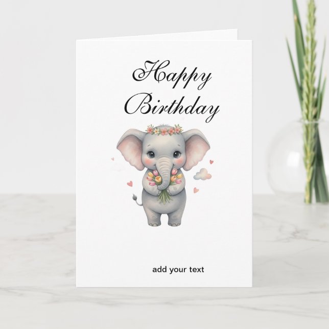 Happy birthday cute gray baby elephant namestylish card (Front)