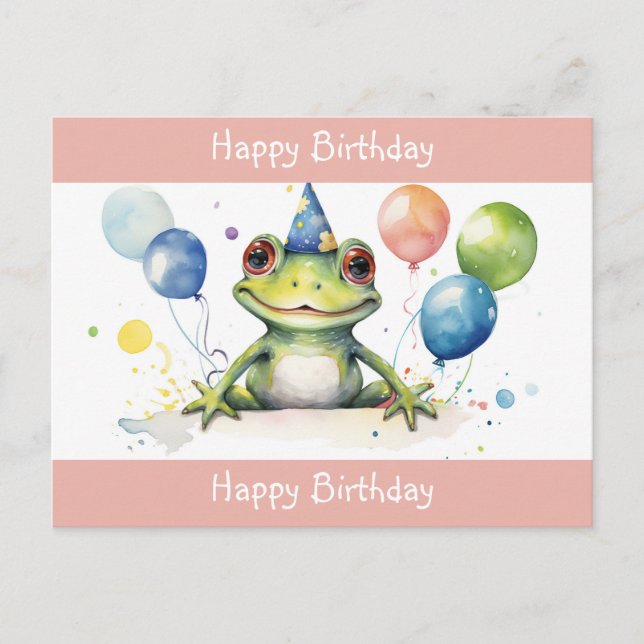 Happy Birthday Cute Green frog with balloons Postcard (Front)